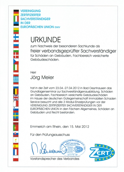 Zertifikat für Gebäudeschäden